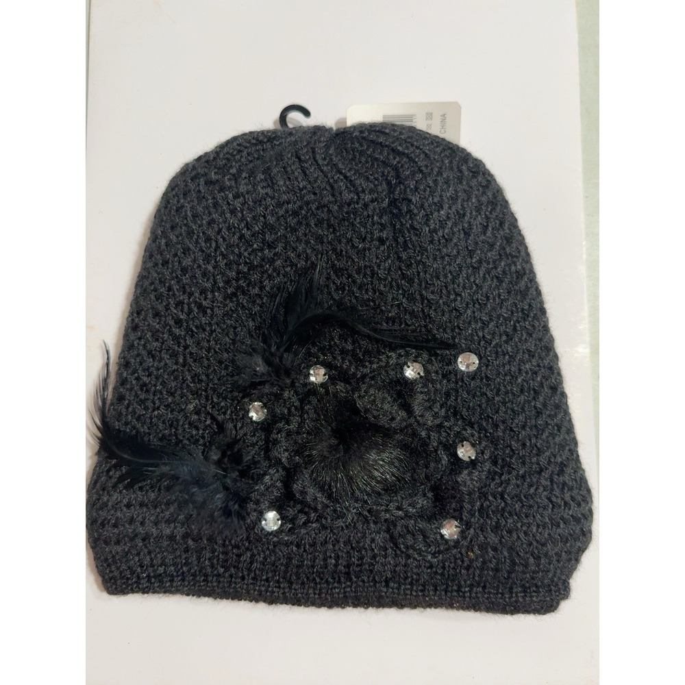 K0285-Women's Black Knit Beanie Hat Rhinestone Faux Fur Bow Embellished NWT